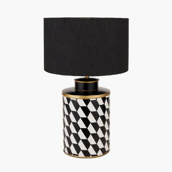 Victor Black and White Geometric Hand Painted Metal Table Lamp Base with Stellan 35cm Black Slubbed Silk Mix Gold Lined Cylinder Lampshade