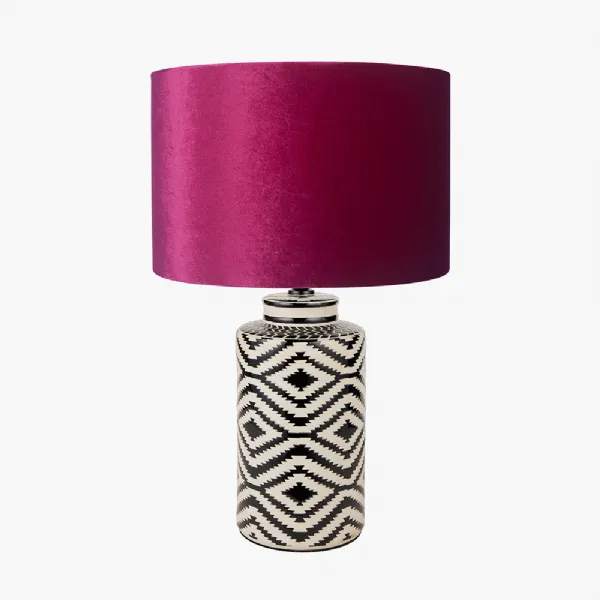 Chirala Black and White Tall Ikat Ceramic Table Lamp Base with Bow 40cm Raspberry Velvet Cylinder Lampshade