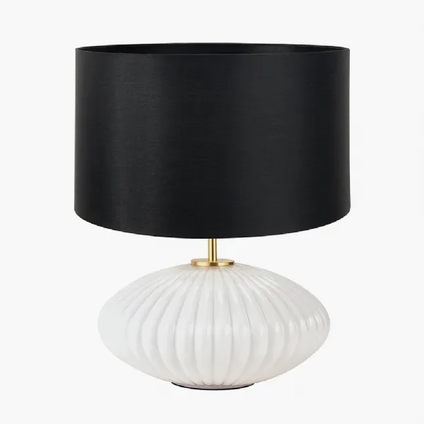 Emilia White Ribbed Glass and Gold Metal Oval Table Lamp Base with Zara 35cm Black Silk Lined Cylinder Lampshade