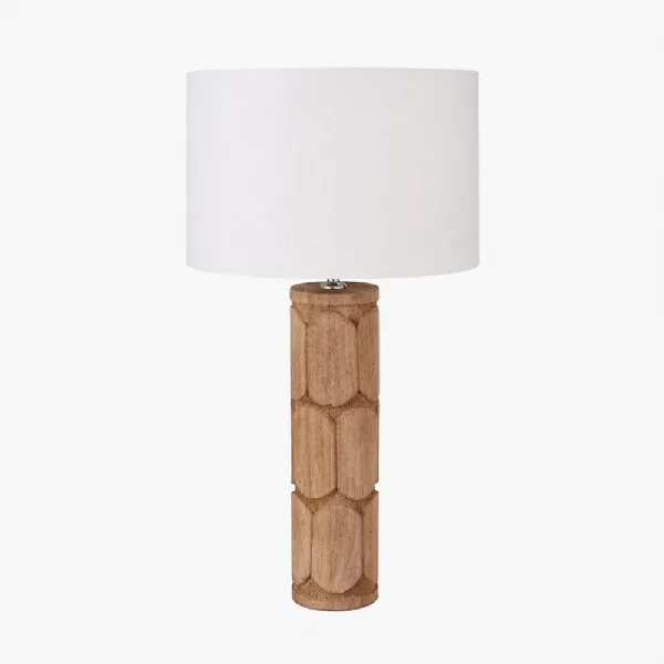 Aurelia Embossed Natural Wood Tall Table Lamp Base with Lino 35cm White Self Lined Linen Cylinder Lampshade