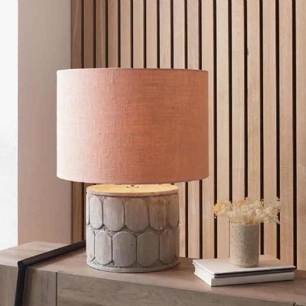 Embossed Patterned Grey Wood Wide Table Lamp Base Only