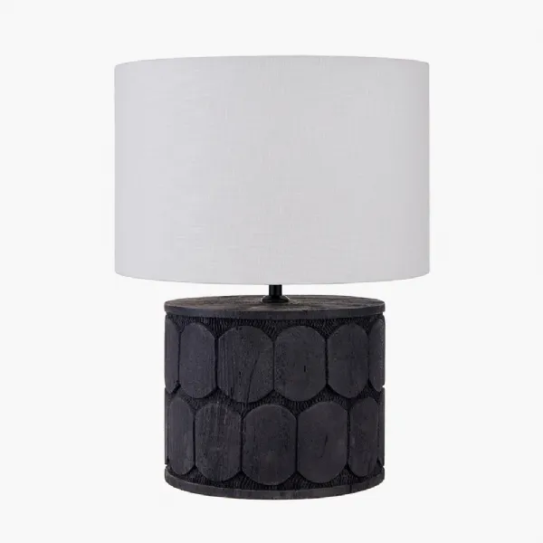 Cezara Embossed Black Wood Wide Table Lamp Base with Lino 40cm White Self Lined Linen Cylinder Lampshade