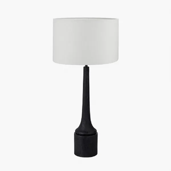 Marin Black Wood Tall Neck Table Lamp Base with Lino 40cm White Self Lined Linen Cylinder Lampshade