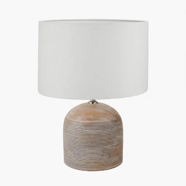 Nelu Grey Engraved Wood Dome Table Lamp Base with Lino 35cm White Self Lined Linen Cylinder Lampshade