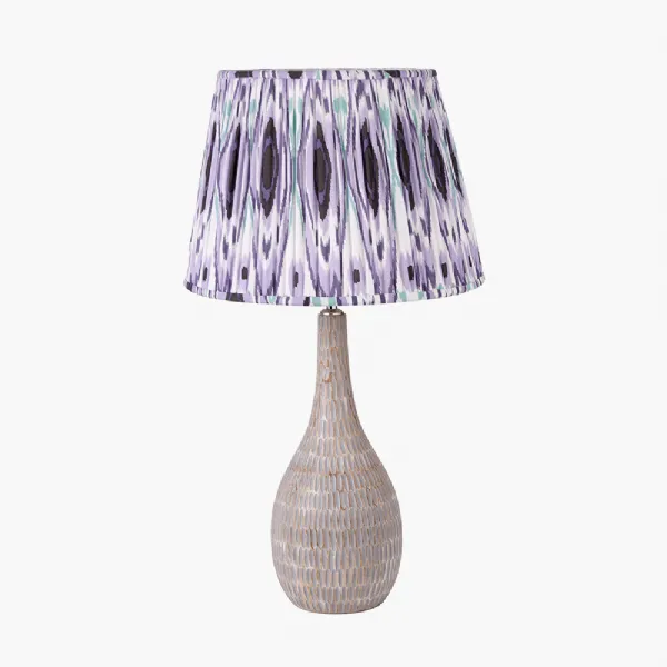 Ioan Grey Engraved Wood Bottle Table Lamp Base with Izara 40cm Lilac Ikat Patterned Mushroom Pleat Tapered Lampshade