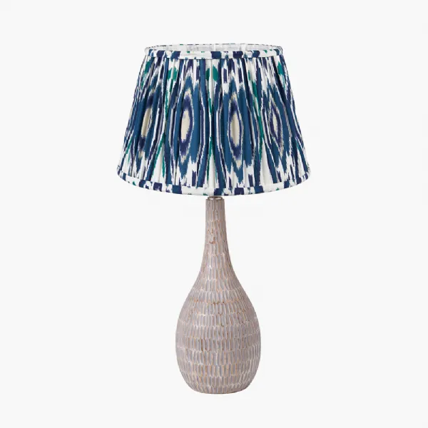 Ioan Grey Engraved Wood Bottle Table Lamp Base with Izara 40cm Ocean Blue Ikat Patterned Mushroom Pleat Tapered Lampshade