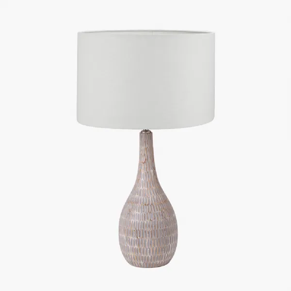 Ioan Grey Engraved Wood Bottle Table Lamp Base with Lino 40cm White Self Lined Linen Cylinder Lampshade
