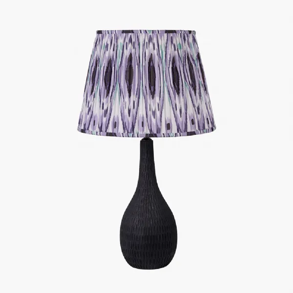 Ioan Black Engraved Wood Bottle Table Lamp Base with Izara 40cm Lilac Ikat Patterned Mushroom Pleat Tapered Lampshade