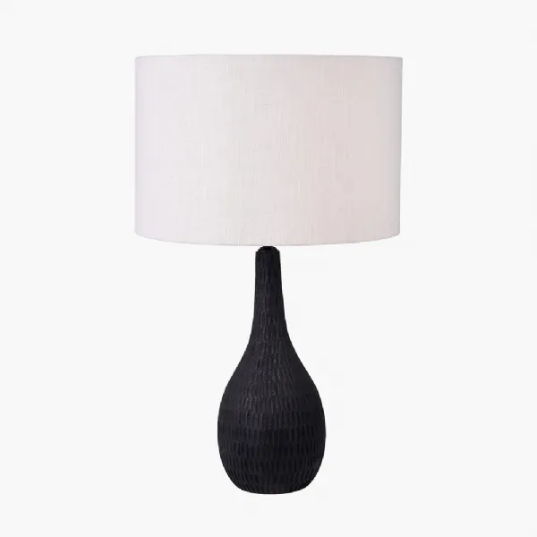 Ioan Black Engraved Wood Bottle Table Lamp Base with Lino 40cm White Self Lined Linen Cylinder Lampshade