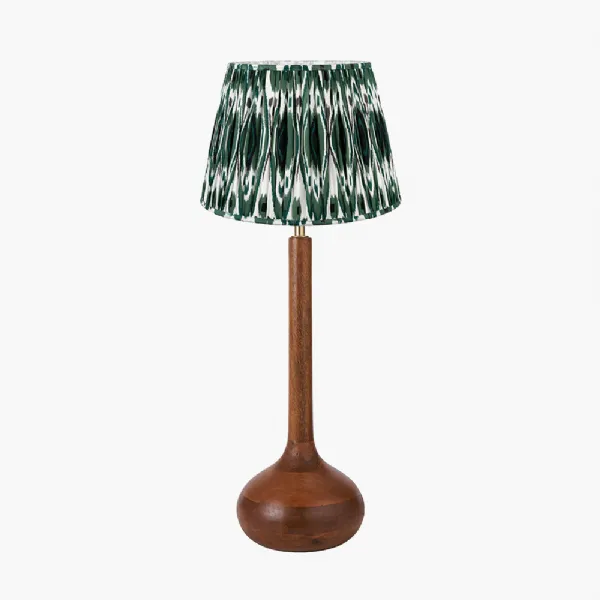 Toma Oiled Wood Tall Neck Table Lamp Base with Izara 35cm Racing Green Ikat Patterned Mushroom Pleat Tapered Lampshade