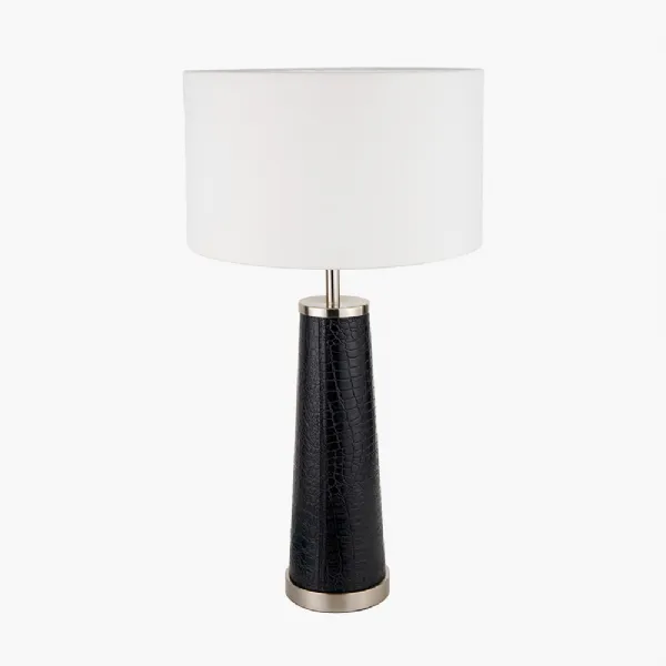 Laurence Black Croc Leather and Silver Table Lamp Base with Henry 40cm White Handloom Cylinder Lampshade