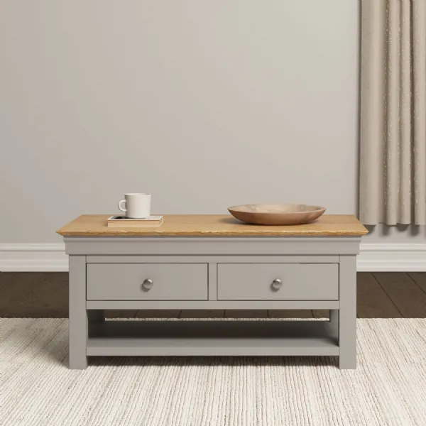 Pebble Grey 2 Drawer Rectangular Coffee Table Oak Top