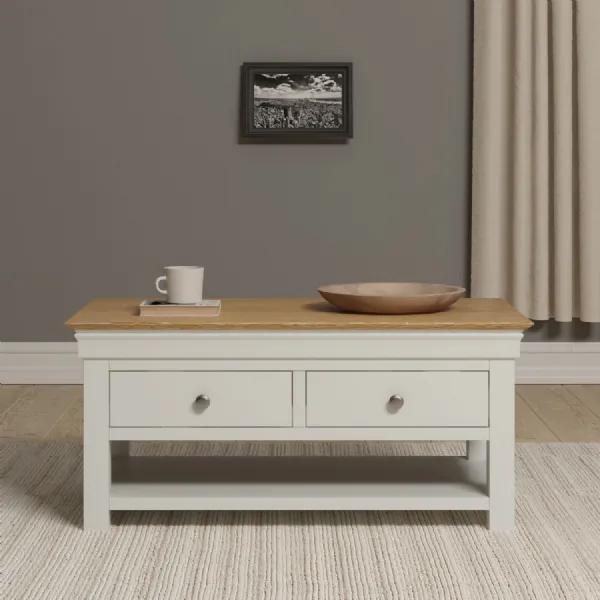 Ivory Texture Wood 2 Drawer Rectangular Coffee Table Oak Top