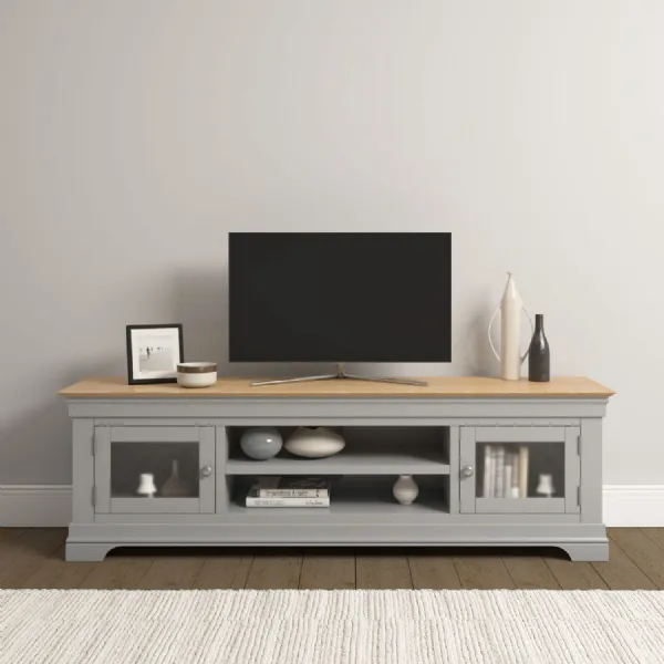 Pebble Grey Wood 2 Door TV Cabinet Oak Top