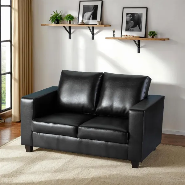 Black Leather Effect 2 Seater Standard Back Sofa