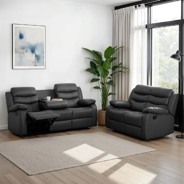 Grey Leather Effect 3+2 Recliner Sofa Set