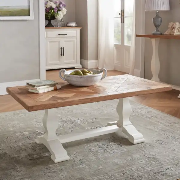 Large White Painted Oak Parquet Top Coffee Table