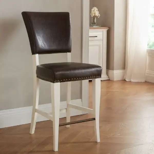 Pair of Ivory Painted Bar Stools Rustic Brown Leather