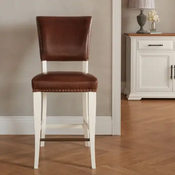 Pair of Ivory Painted Bar Stools Rustic Tan Brown Leather