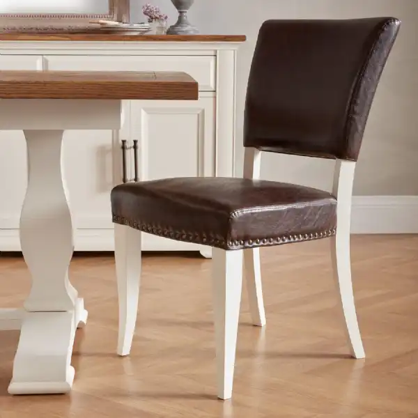 Pair of Ivory Painted Rustic Brown Leather Dining Chairs