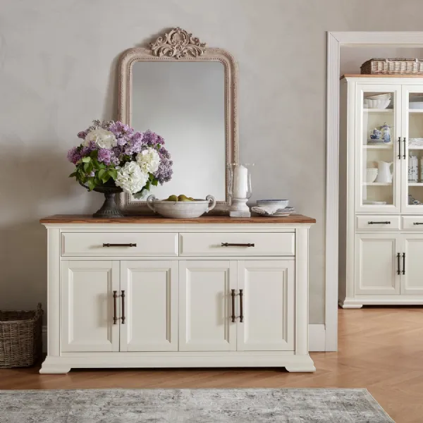 Large Ivory White Painted Sideboard with Parquet Oak Top