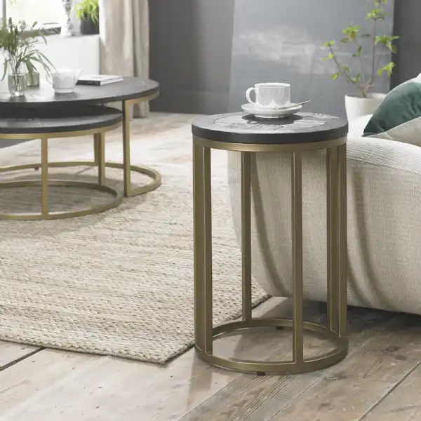 Dark Wood Chevron Top Round Side End Table Brass Metal Base