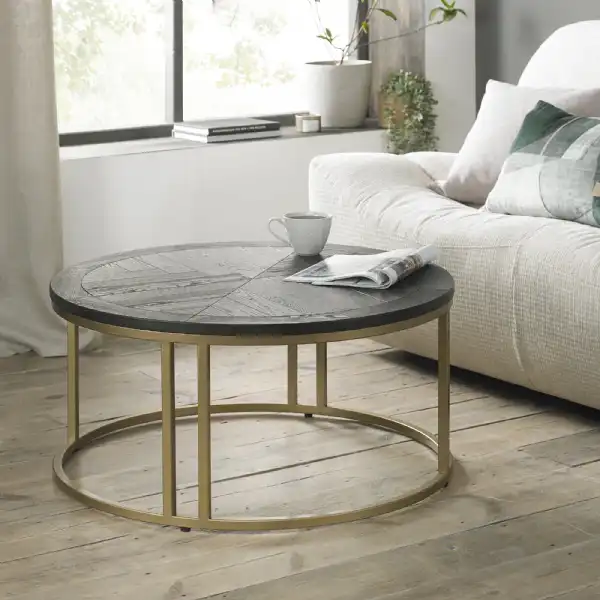 Chevron Round Coffee Table Dark Ash Top Brass Metal Base