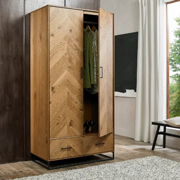 Rustic Chevron Oak 2 Door Double Wardrobe with Base Drawer
