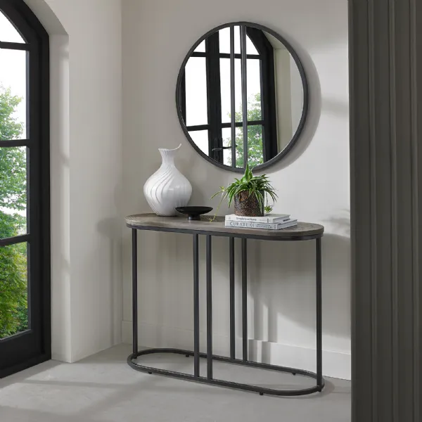 Silver Grey Oak Oval Console Table Chevron Top Metal Frame