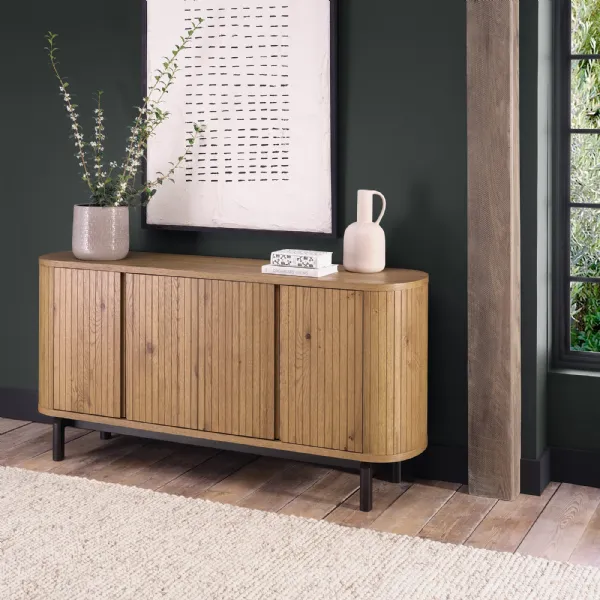 Rustic Oak Slatted Rounded Wide Sideboard Peppercorn Black Legs