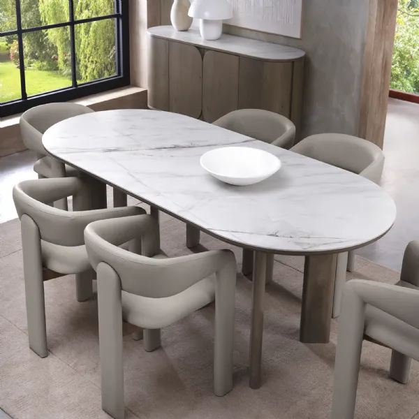 Grey Oiled Oak Large Oval Dining Table Marble Effect Top