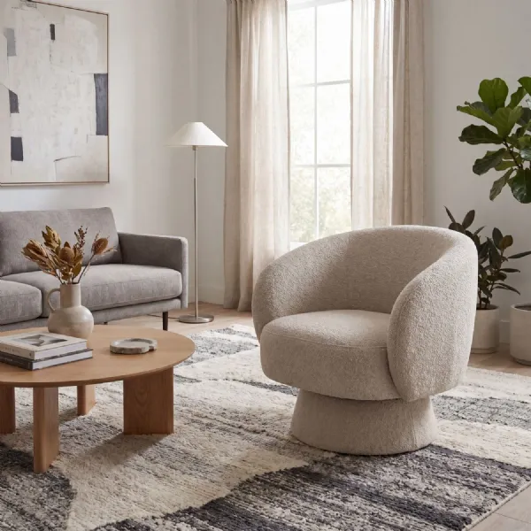 Champagne Fabric Upholstered Curved Back Swivel Accent Chair