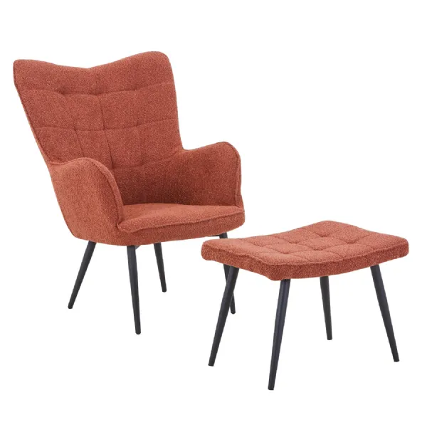 Copper Fabric Curved Wing Back Armchair with Footstool