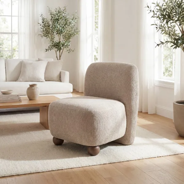 Natural Fabric Upholstery Accent Chair Wooden Feet