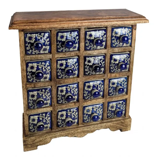 Ceramic 16 Drawer Almirah Mango Wood Dark Blue 33.5cm