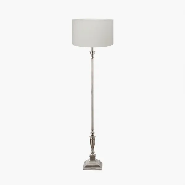Canterbury Antique Silver Metal Floor Lamp Base with Henry 45cm White Handloom Cylinder Lampshade