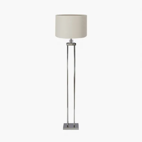 Langston Nickel Metal Column Floor Lamp Base with Lino 45cm Grey Self Lined Linen Cylinder Lampshade