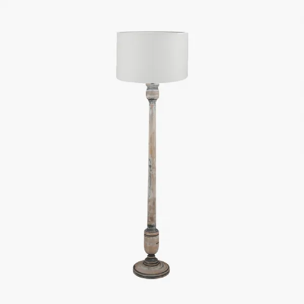 Captiva Grey Wash Mango Wood Floor Lamp Base with Lino 45cm White Self Lined Linen Cylinder Lampshade
