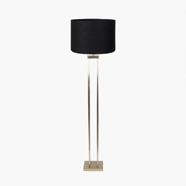 Langston Satin Brass Metal Column Floor Lamp Base with Lino 45cm Black Self Lined Linen Cylinder Lampshade