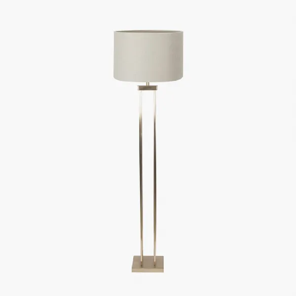 Langston Satin Brass Metal Column Floor Lamp Base with Lino 45cm Grey Self Lined Linen Cylinder Lampshade