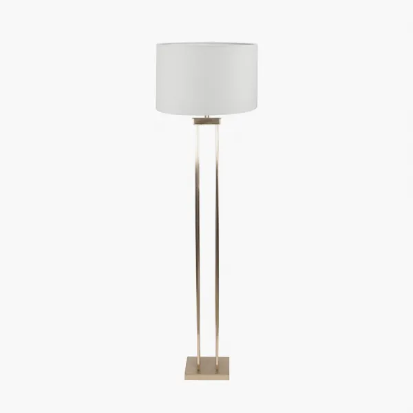 Langston Satin Brass Metal Column Floor Lamp Base with Lino 45cm White Self Lined Linen Cylinder Lampshade