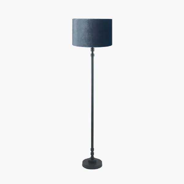 Rhode Matt Black Stick Metal Floor Lamp Base with Bow 40cm Slate Velvet Cylinder Lampshade