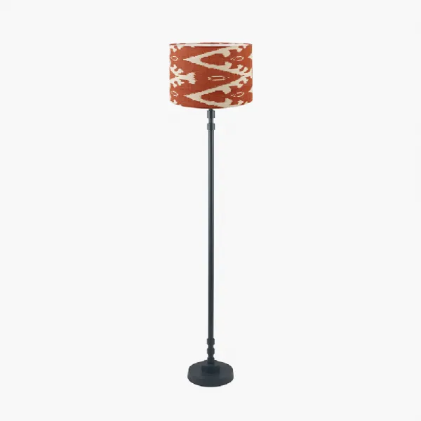 Rhode Matt Black Stick Metal Floor Lamp Base with Lars 40cm Cinnamon Ikat Patterned Cylinder Lampshade