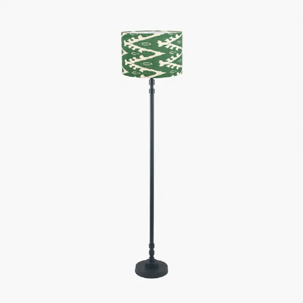 Rhode Matt Black Stick Metal Floor Lamp Base with Lars 40cm Racing Green Ikat Patterned Cylinder Lampshade