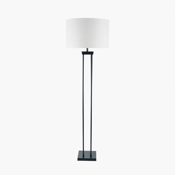 Langston Matt Black Metal Column Floor Lamp Base with Lino 45cm White Self Lined Linen Cylinder Lampshade