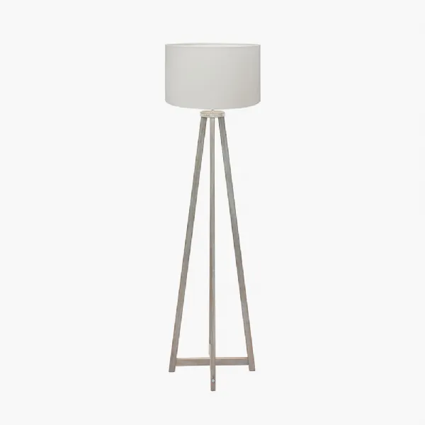 Whitby Grey Wash Wood Tapered 4 Post Floor Lamp Base with Henry 45cm White Handloom Cylinder Lampshade