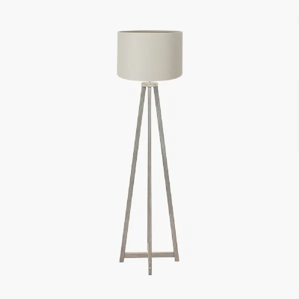 Whitby Grey Wash Wood Tapered 4 Post Floor Lamp Base with Lino 45cm Grey Self Lined Linen Cylinder Lampshade
