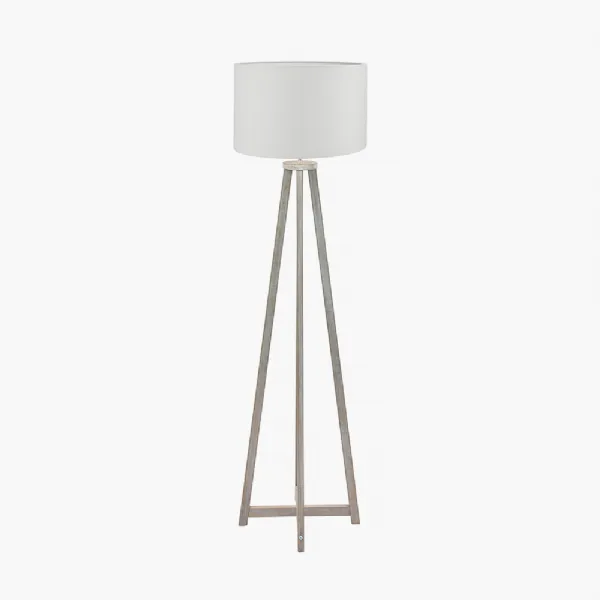 Whitby Grey Wash Wood Tapered 4 Post Floor Lamp Base with Lino 45cm White Self Lined Linen Cylinder Lampshade
