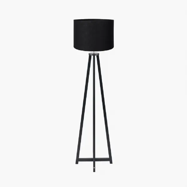 Whitby Matt Black Wood Tapered 4 Post Floor Lamp Base with Lino 45cm Black Self Lined Linen Cylinder Lampshade