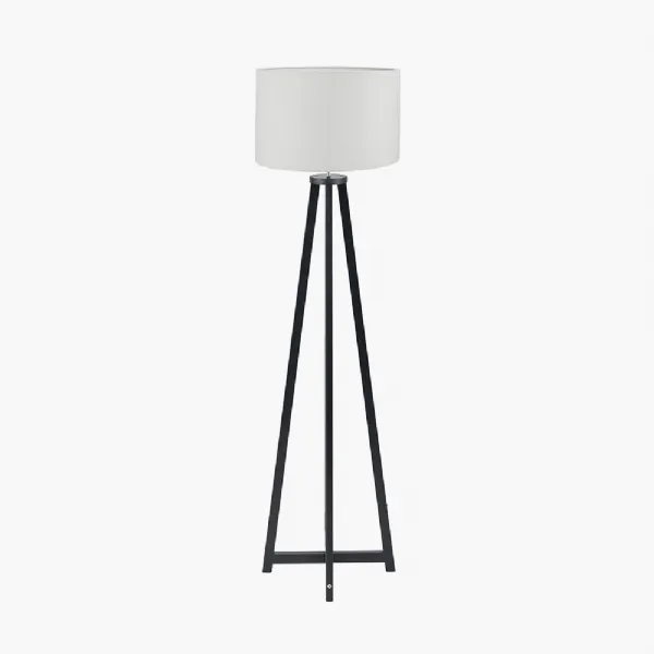 Whitby Matt Black Wood Tapered 4 Post Floor Lamp Base with Lino 45cm White Self Lined Linen Cylinder Lampshade